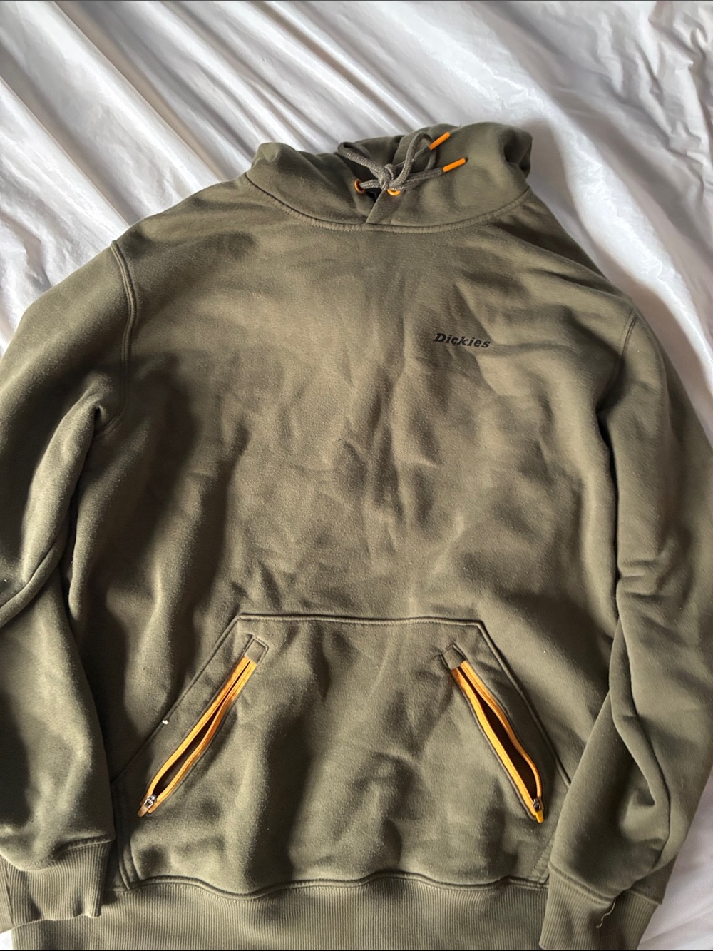 Dickies Olive Green Hoodie with Yellow Zipper Accents